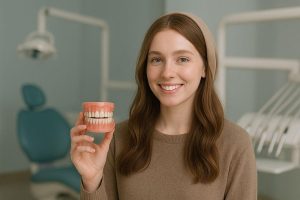 پروتز دندان در دست یک خانم جوان با لبخند