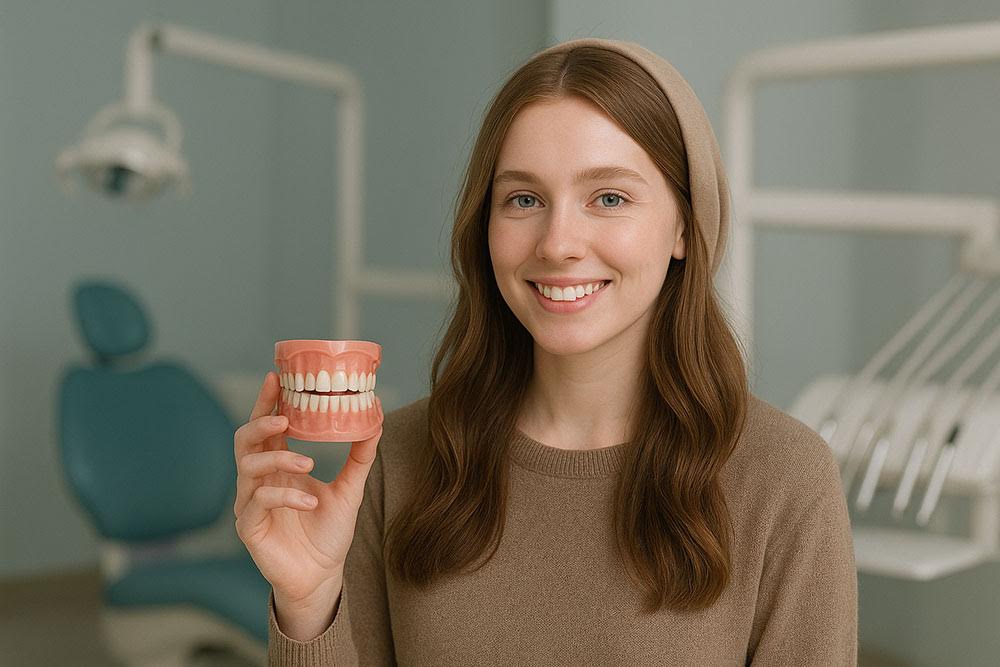 پروتز دندان در دست یک خانم جوان با لبخند