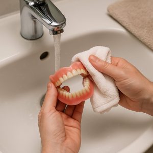 آبکشی نهایی و خشک کردن پروتز دندان با دستمال – ایران کارن