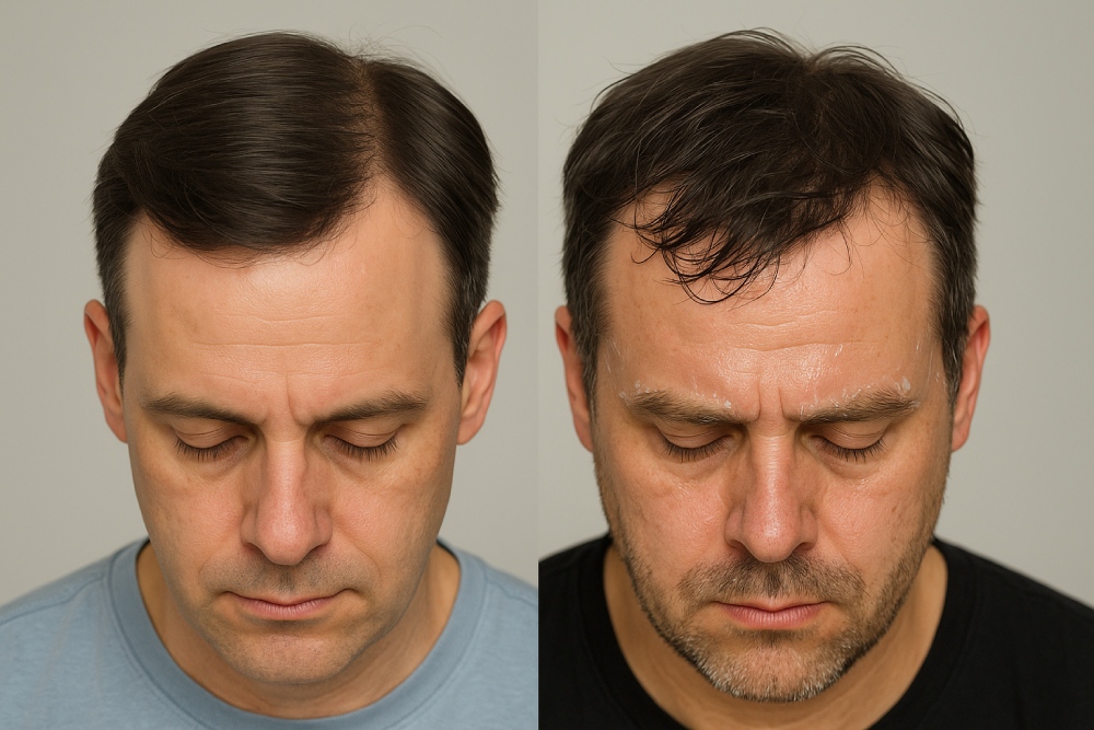 مقایسه چسب پروتز مو بدون شیره و چسب پروتز مو شیره‌ای روی دو مرد | ایران کارن | بهترین چسب پروتز مو، چسب بدون شیره پروتز مو